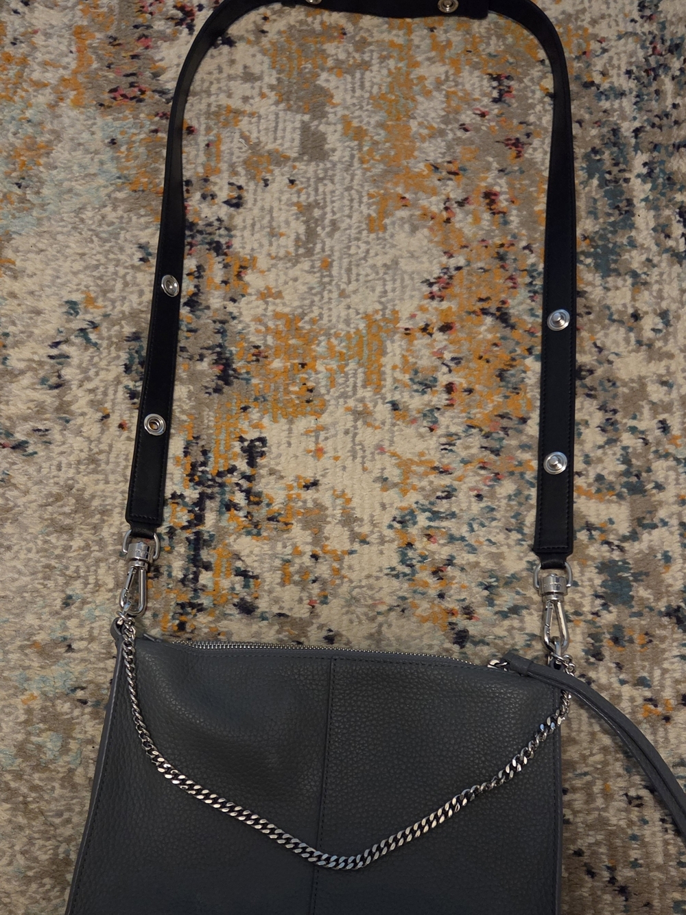AllSaints Slate Gray Leather Crossbody with Chain Accent